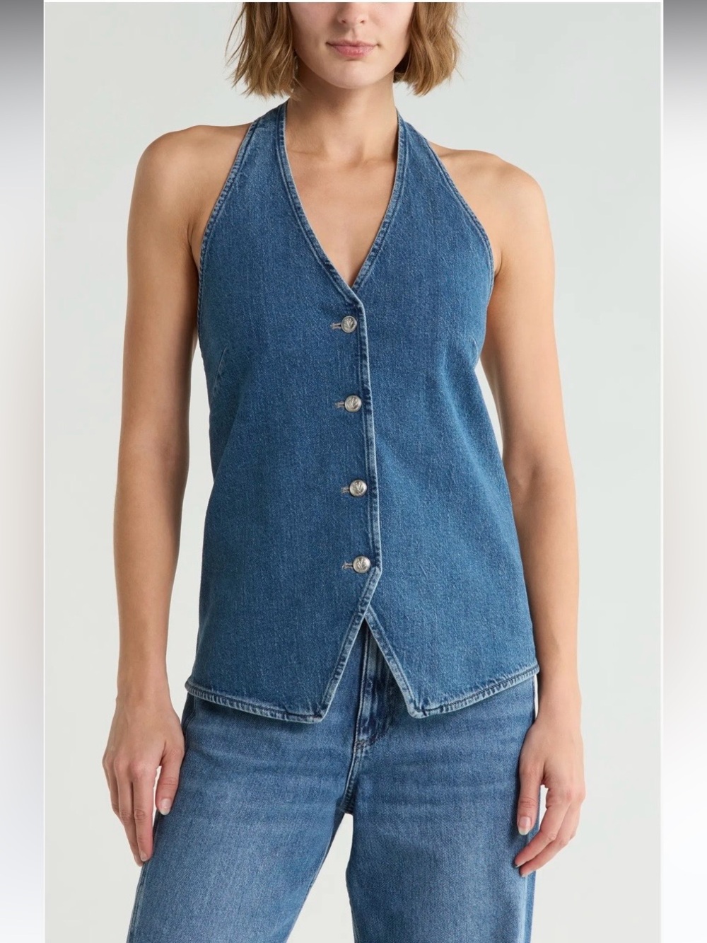 rag & bone Matilda Blue Denim Halter Button-Front Vest in Milton ($248 USD)